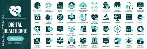 Digital healthcare fill icon collection. Set of telemedicine, diagnostics, smartphone, online doctor, and monitoring icons. Created in colored style with turquoise palette