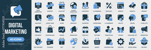 Digital marketing fill icon collection. Set of advertising, promotion, shopping, and SEO icons. Created in colored style with blue palette
