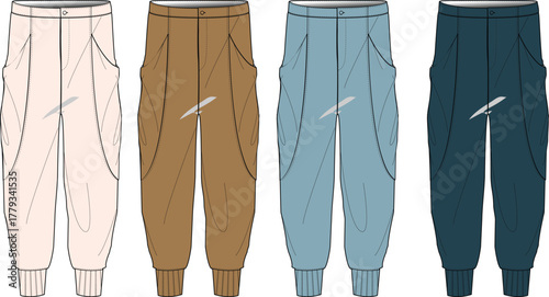 Collection of women's jogger pants in multiple colors. Fashion design technical flat sketch vector template for apparel and clothing