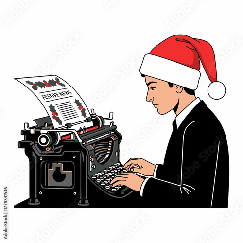 Illustration man in santa hat typing festive news on typewriter