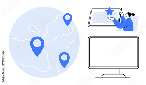 World map with geolocation pins, person interacting with rating interface, and computer monitor. Ideal for navigation, feedback, digital tools, global communication, data visualization, online