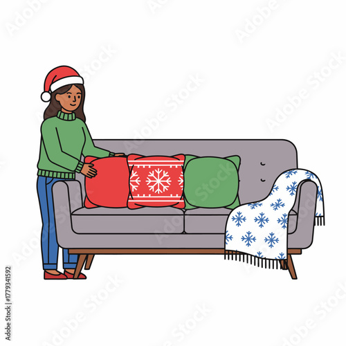 Illustration woman arranging Christmas cushions on sofa with blanket decor