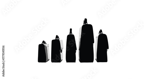 Silhouette of five luggage bags isolated on white background for travel concept