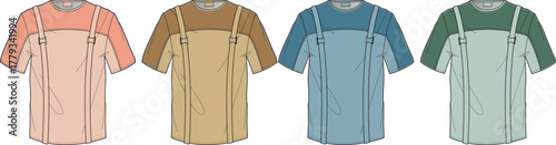 Set of fashion flat technical sketches of a men's t-shirt with a layered suspender design, presented in four different colorways. Apparel design template vector illustration