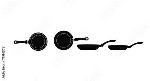 Four frying pans isolated on white background in different angles