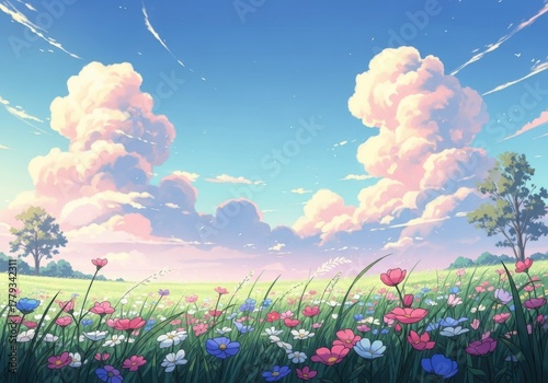 Vibrant wildflower meadow under a dreamy cloud filled sky