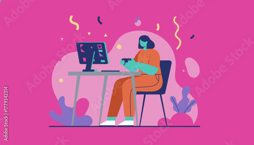 Vector illustration of a female gamer playing on PC celebrating victory in vibrant pink