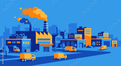 Industrial city scene with factory buildings smokestack pollution and logistics delivery trucks