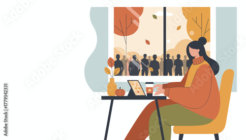 Woman working on tablet indoors enjoying coffee and cozy autumn ambiance while viewing the busy city
