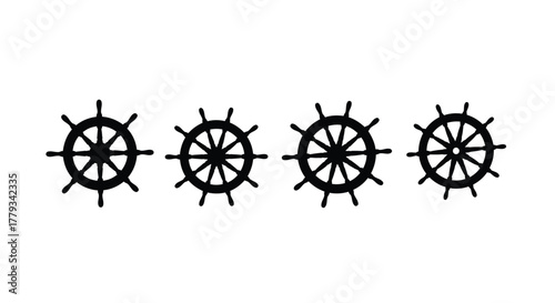 Four ship wheels isolated on white background, nautical symbol and steering device