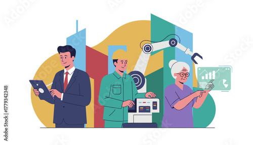 Intergenerational team managing manufacturing technology and business data flow