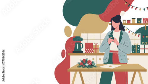 Woman uses smartphone in a festively decorated kitchen preparing for Christmas Vector art