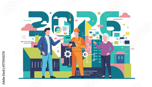 Professionals and industry worker planning for the future illustrated by the year 2026 and abstract data