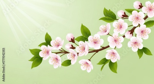 Delicate pink cherry blossoms on a light green background