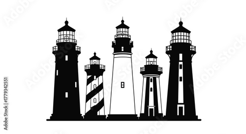 Silhouette of various lighthouses isolated on white background for nautical theme