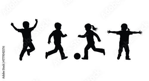 Silhouette of children playing soccer isolated on white background