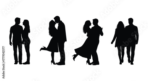 Silhouette of couples isolated on white background in various romantic poses