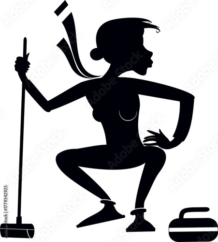 Curling sport. Woman plays curling. 
Winter sport. Young woman with a curling brush aiming a stone to a target. Black on white background
