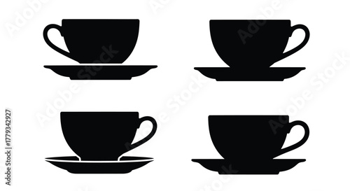 Four teacups with saucers isolated on white background, in silhouette form