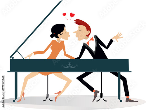 Man and woman play piano by four hands