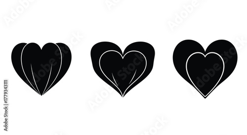 Three black hearts with different designs isolated on white background