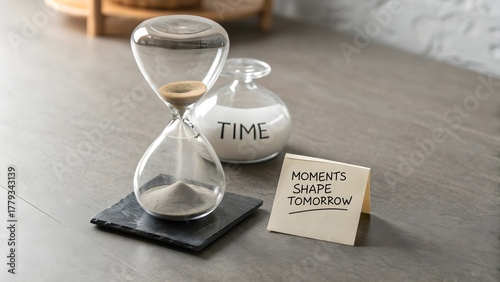 Minimal tabletop scene with an hourglass, time concept