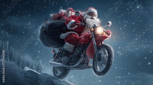 Biker Santa Claus riding through a snowstorm at night while delivering Christmas gifts. Unconventional Christmas concept with adventurous holiday spirit, winter scene, and modern Santa character