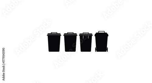 Four black trash cans isolated on white background in a row