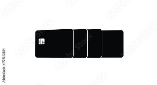Black credit cards in a row isolated on white background