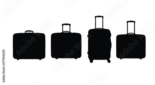 Four black silhouette suitcases isolated on white background for travel concept