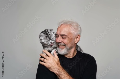 Happy elderly man smiling as cute gray cat licks his face, showing love and joy on gray background.