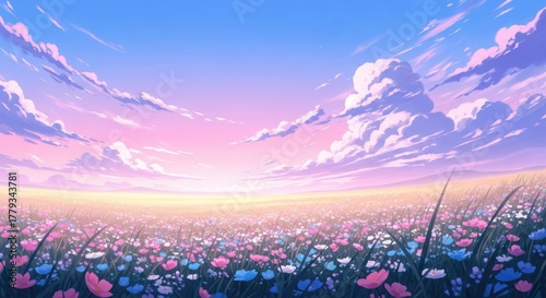 Vibrant field of flowers under a dreamy sunset sky