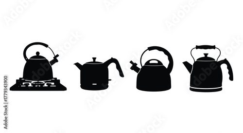 Four black kettle silhouettes isolated on white background are presented