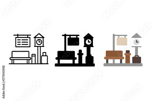 Minimal Railway Icon. Linear minimalistic railway platform icon: waiting bench, departure schedule, ticket punch, platform post,