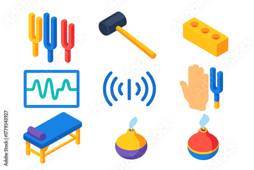Sound Healing Essentials. Isometric vector illustration set Sound therapy – tuning forks set, rubber mallet, fork holder;