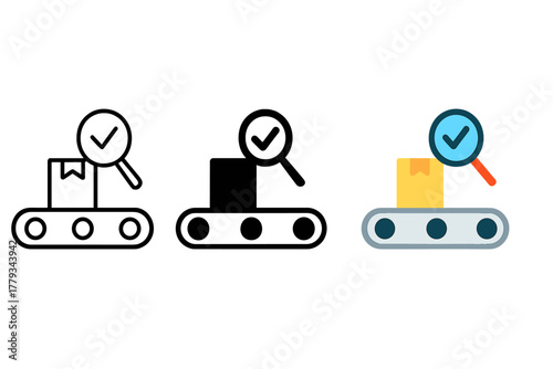 Quality Control Icons. Minimalist quality control icon: three identical quality control stations in a row, first in line style