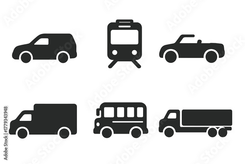 Stunt Vehicle Icons. Solid style icons of vehicle types used in stunts: compact car icon, cargo van slab, subway train badge.