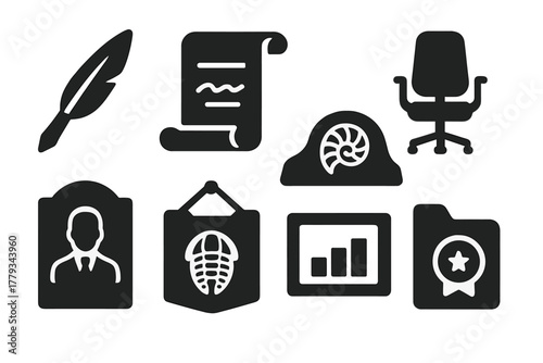 Executive Relics Icons. Solid style icons of executive relics: founder pen icon, old business card scroll, desk fossil badge.