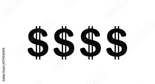 Four dollar signs isolated on white background representing wealth and money