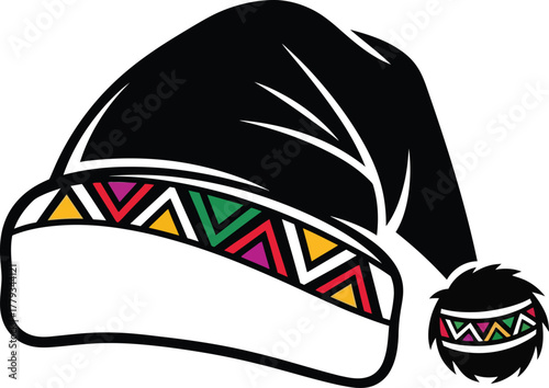 Christmas santa hat vector illustration with african kente cloth inspired ethnic geometric pattern and pompom black color.