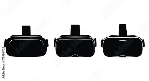 Three virtual reality headsets isolated on white background are displayed
