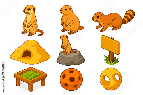 Zoo Animal Icons. Isometric vector illustration set Zoo animals – meerkat, prairie dog, ground squirrel; sandy bank, burrow hole,