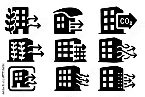 Air-Purifying Building Icons. Solid style icons of air-purifying buildings: air flow through leaf wall, clean air canopy,