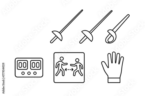 Fencing Icons Collection. Linear minimalistic fencing practice icon: foil, épée, sabre, scoring panel, footwork chart, training