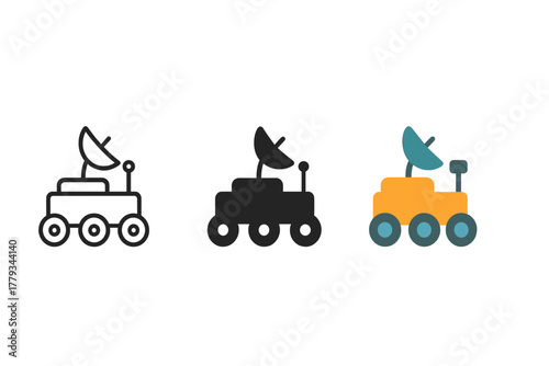 Moon Rover Icons. Minimalist moon rover icon: three identical lunar rovers in a row, first in line style with thin outline, second