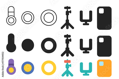 Photography Gear Icons. Linear minimalistic photography gear icon: clip-on macro lens, wide-angle lens, ring light, selfie stick,