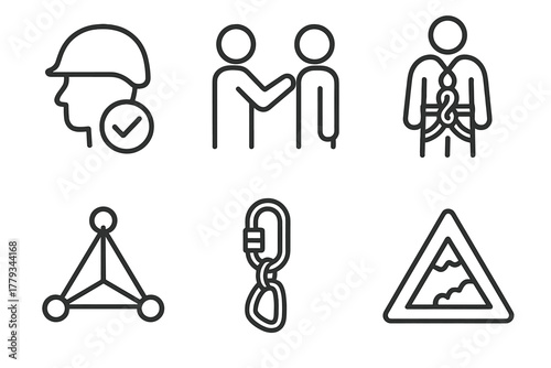 Safety Icons Collection. Line style icons of safety practices: helmet with checkmark, buddy check, rope tied-in climber, anchor