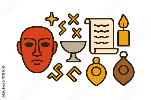 Ritual Icons Collection. Linear minimalistic ritual study icon: ceremonial mask, offering cup, inscribed scroll, sacred candle,