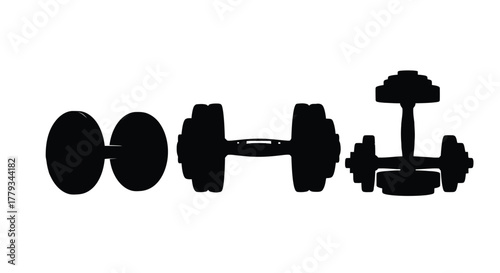 Four dumbbells isolated on white background are arranged in a row