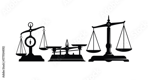 Three scales of justice isolated on white background, representing balance